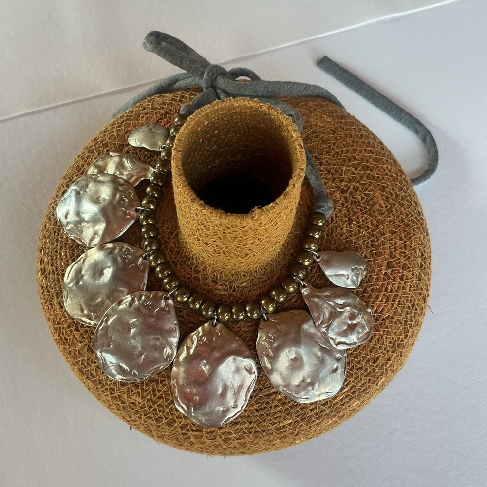 Boho Hammered Metal Disc Necklace Bronze Silver Statement Cord